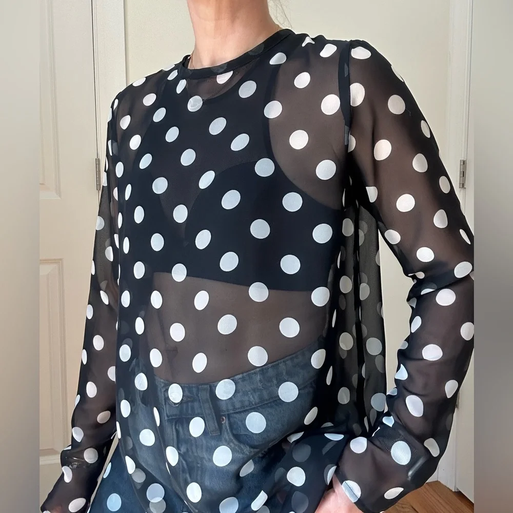 Custom Made Poly Chiffon Polka Dot Sheer Blouse /Hot Polka Dot Trend - Picture 6 of 8